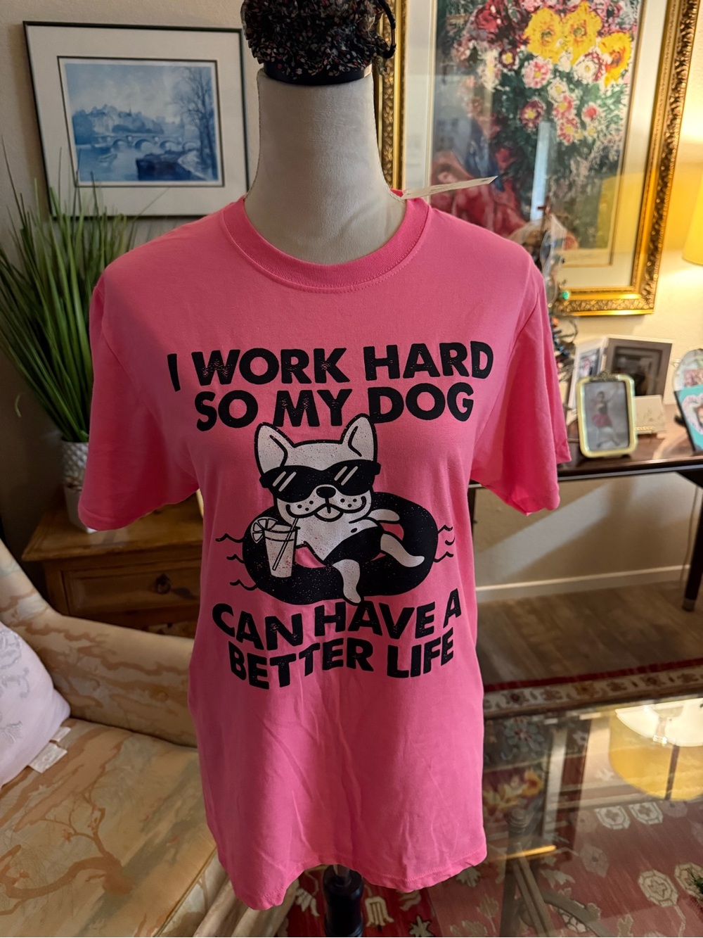 Pink Graphic Dog Lover Tee with Playful Canine Design